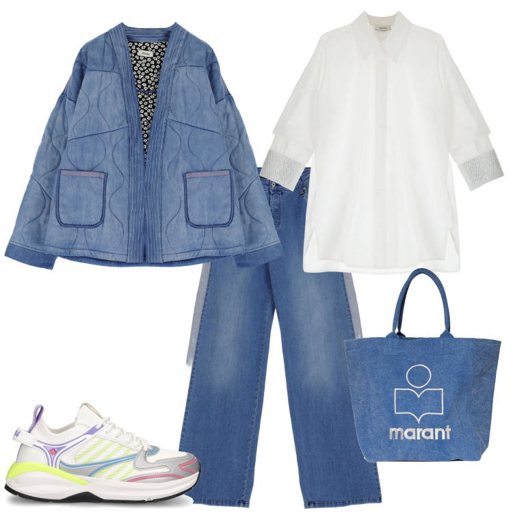 Outfit donna - Camicia bianca e denim must. Stile Urban per Tutti i giorni. Abbinamento con jeans dritti, blazer, camicie, shopping bag, sneakers.