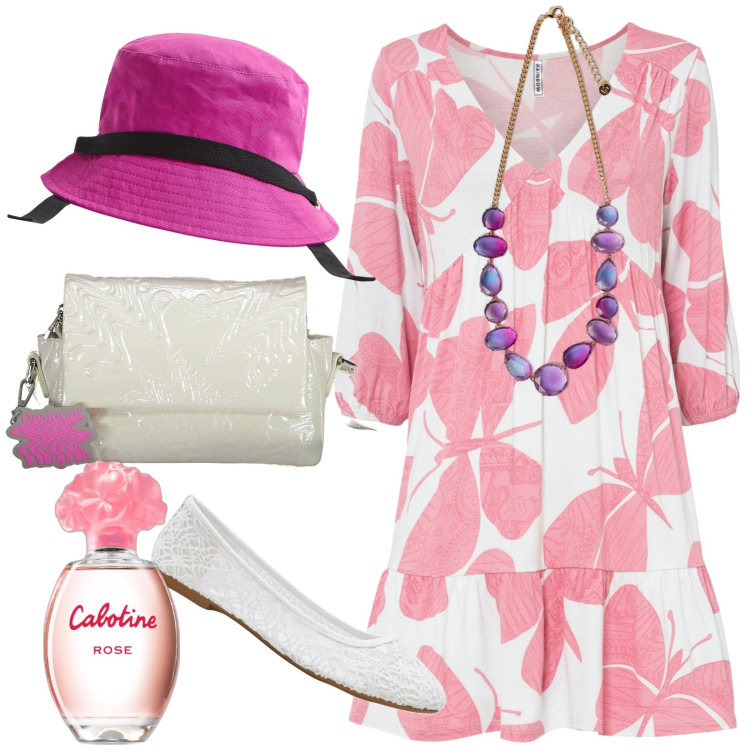 Outfit donna - Taglie over. Stile Casual per Tutti i giorni. Abbinamento con ballerine, vestiti, profumi, cappelli, collane, borse a tracolla.