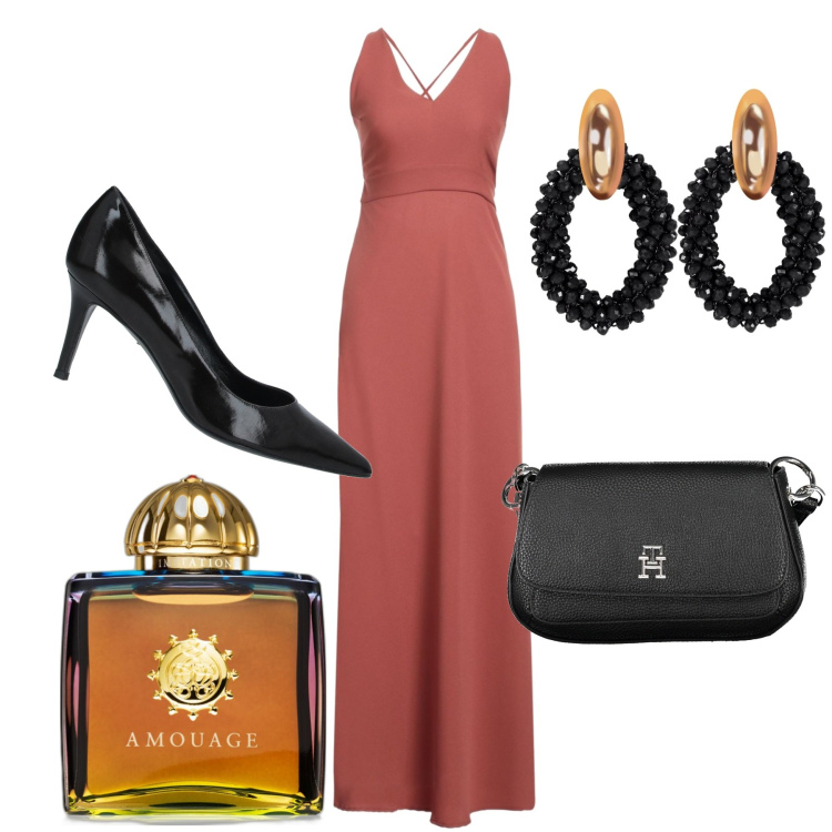 Outfit donna - Al ristorante. Stile Chic per Serata fuori. Abbinamento con vestiti lunghi, décolleté, orecchini, profumi, borse a tracolla.