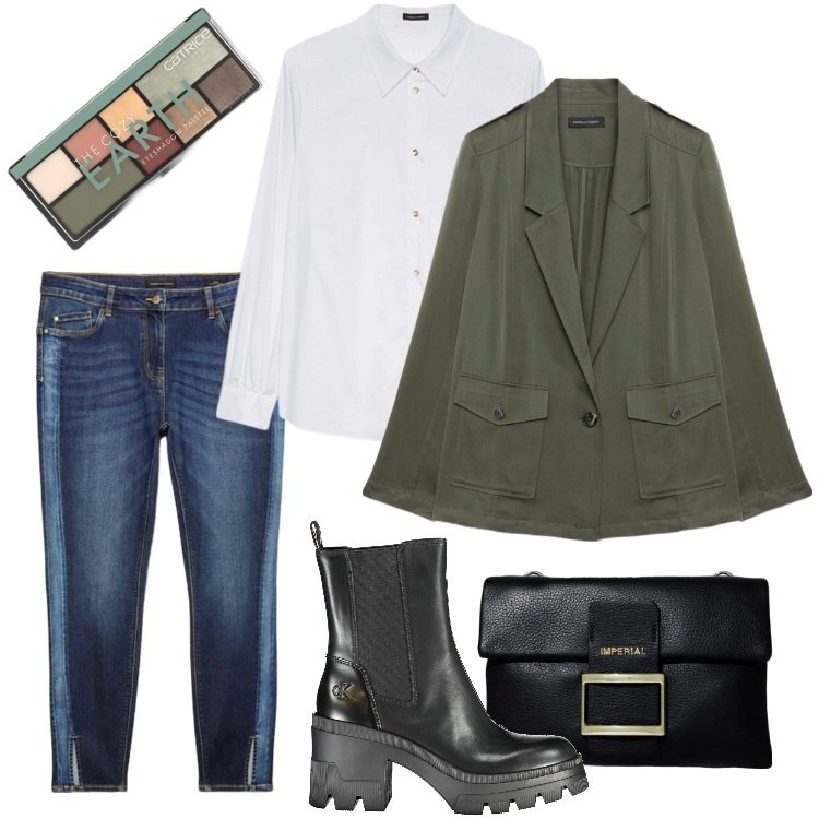 Outfit donna - Total look #1857279. Stile Sporty chic per Tutti i giorni. Abbinamento con ombretti, pochette, jeans slim fit, stivali, blazer, camicie.