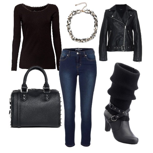Outfit donna - Rock. Abbinamento con stivali, jeans, giubbotto in pelle sintetica, maglia a maniche lunghe nero, borsa a tracolla con borchie e zip nero, collana con catena contrasto in denim con catenina oro.