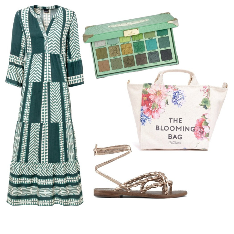 Outfit donna - Scelta Green. Stile Boho per Tutti i giorni. Abbinamento con vestiti lunghi, ombretti, borse tote, sandali.