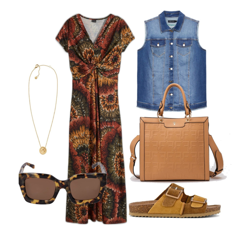 Outfit donna - Ghost outfitter - aprile. Stile Boho per Tutti i giorni. Abbinamento con vestiti lunghi, collane, borse tote, gilet, sandali, occhiali da sole.