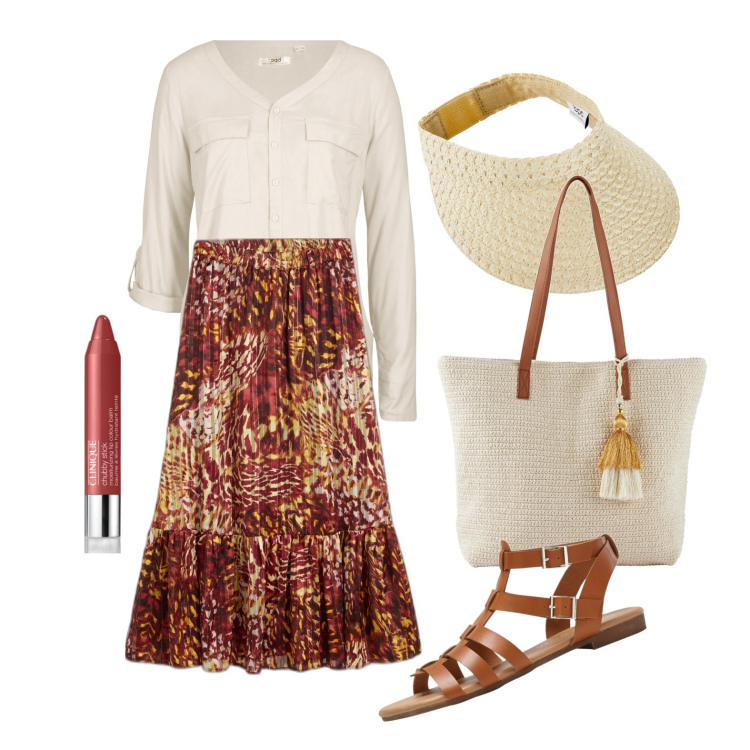 Outfit donna - Ghost outfitter - aprile. Stile Boho per Tutti i giorni. Abbinamento con gonne, cappelli con visiera, sandali, bluse, shopping bag, rossetti.