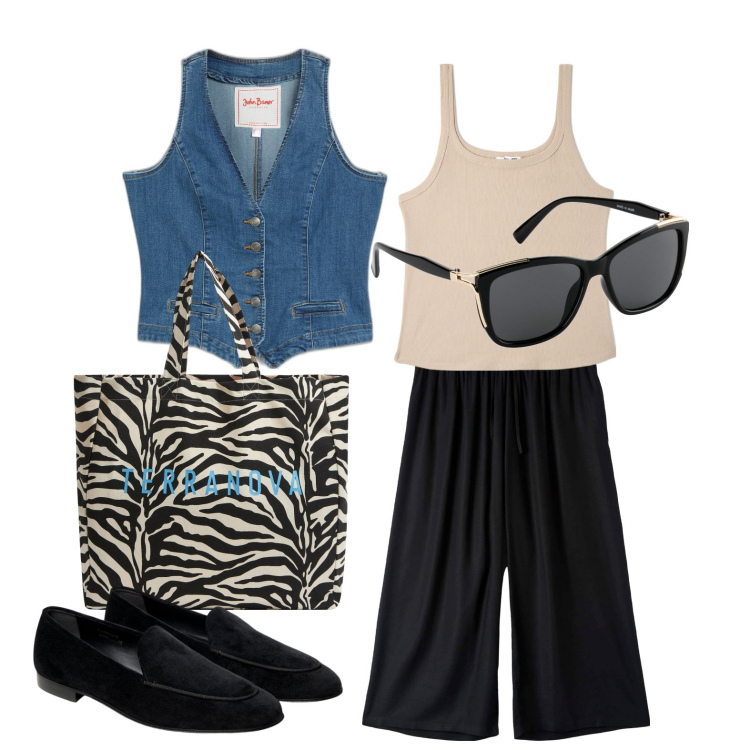 Outfit donna - Ghost outfitter - aprile. Stile Minimal per Tutti i giorni. Abbinamento con occhiali da sole, gilet, borse tote, pantaloni a palazzo, top, mocassini.