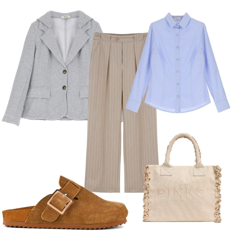 Outfit donna - Un blazer grigio e sei trendy. Stile Trendy per Tutti i giorni. Abbinamento con shopping bag, pantaloni, camicie, blazer, sabot.