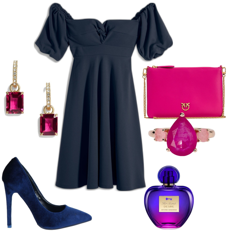 Outfit donna - Abito ricco di stile. Stile Chic per Serata fuori. Abbinamento con vestiti, décolleté, profumi, anelli, borse a tracolla, orecchini.