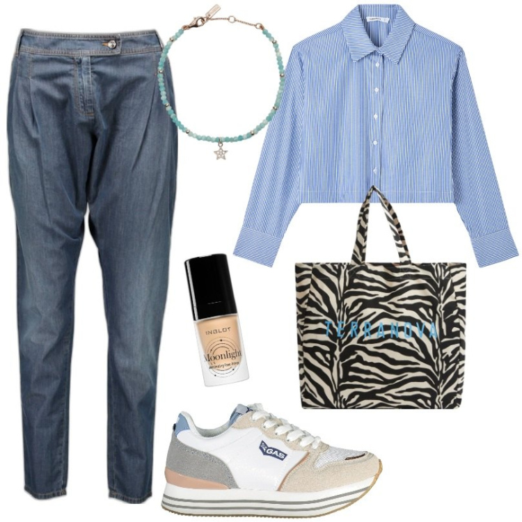 Outfit donna - Total look #1857325. Stile Casual per Tutti i giorni. Abbinamento con primer, borse tote, camicie, braccialetti, scarpe sportive, jeans.