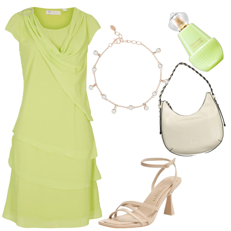 Outfit donna - Abito elegante con scollo a cascata. Stile Chic per Tutti i giorni. Abbinamento con vestiti, profumi, sandali col tacco, braccialetti, borse a spalla.