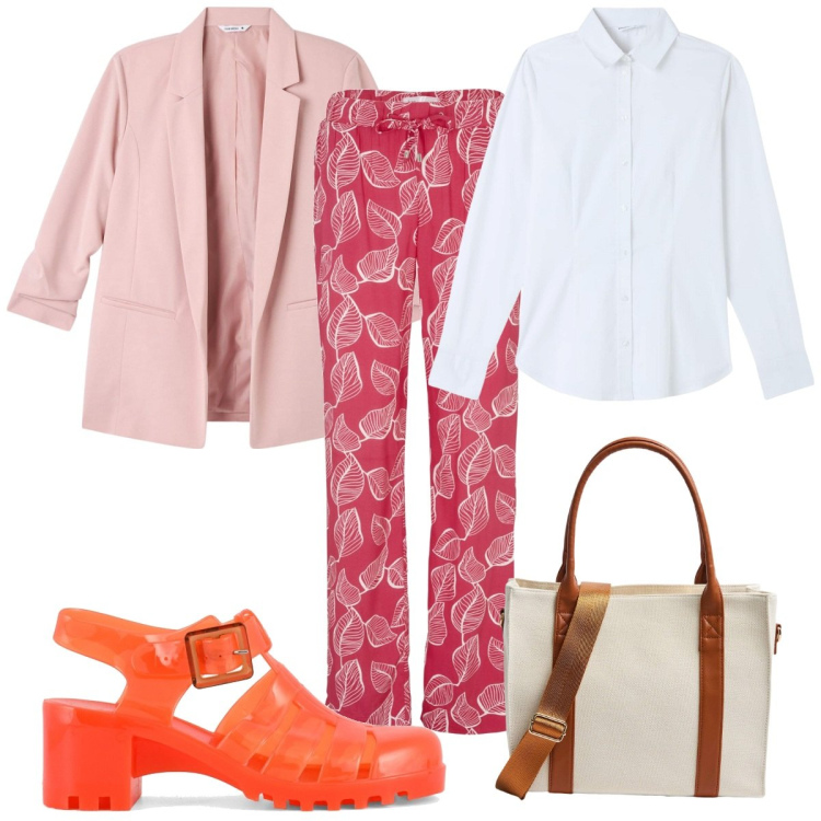 Outfit donna - Total look #1857340. Stile Trendy per Tutti i giorni. Abbinamento con pantaloni, camicie, shopping bag, blazer, sandali col tacco.