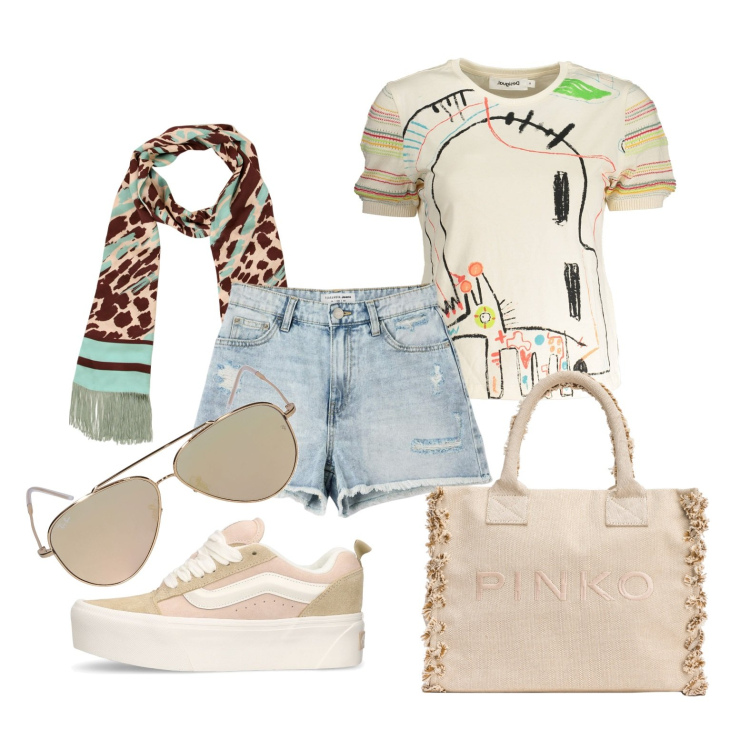 Outfit donna - Ghost outfitter - aprile. Stile Casual per Tutti i giorni. Abbinamento con shorts, shopping bag, sciarpe, t-shirt, sneakers, occhiali da sole.