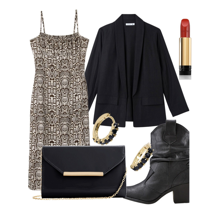 Outfit donna - Ghost outfitter - aprile. Stile Glamour per Serata fuori. Abbinamento con stivaletti texani, pochette, rossetti, vestiti lunghi, blazer, orecchini.