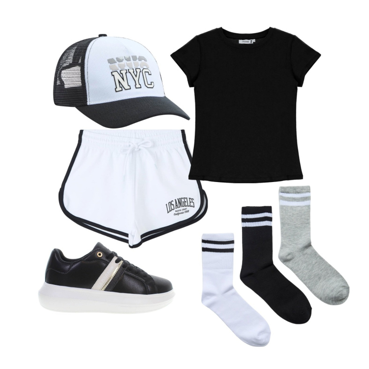 Outfit donna - Ghost outfitter - aprile. Stile Sporty chic per Sport. Abbinamento con cappelli, shorts, calzini, t-shirt, scarpe sportive.