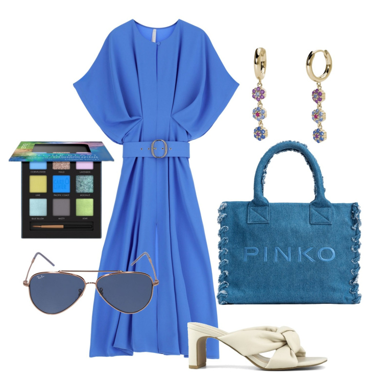 Outfit donna - Ghost outfitter - aprile. Stile Glamour per Tutti i giorni. Abbinamento con ombretti, orecchini, shopping bag, vestiti midi/longuette, sandali col tacco, occhiali da sole.