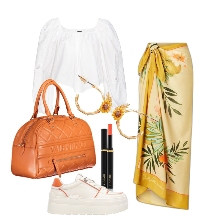 Outfit donna - Ghost outfitter - aprile. Stile Glamour per Tutti i giorni. Abbinamento con orecchini, rossetti, bluse, sneakers, gonne, collane.
