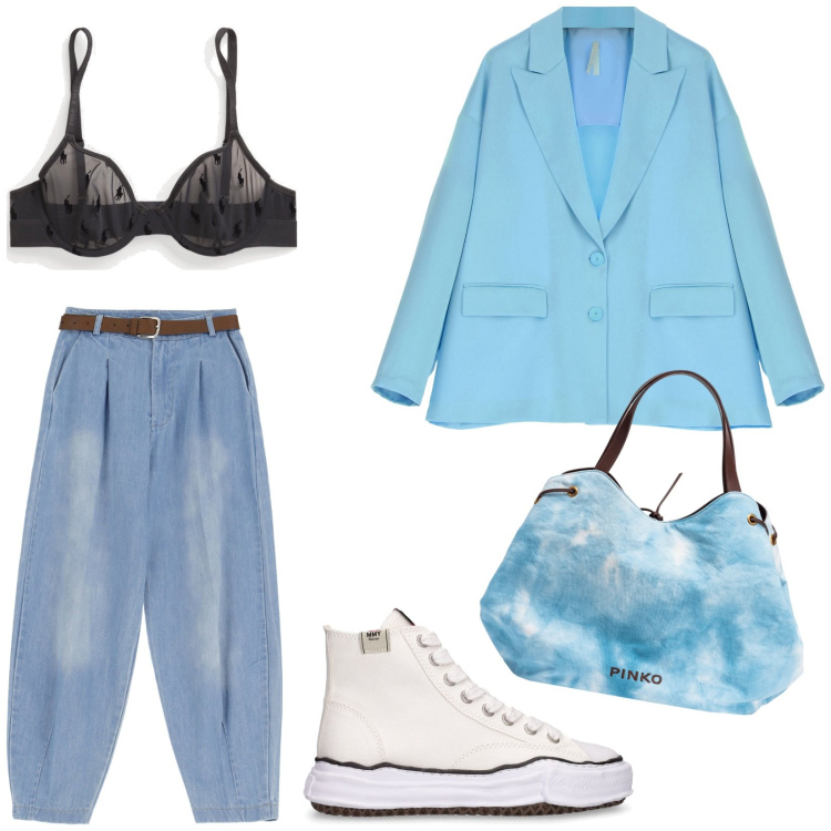 Outfit donna - Pinko. Stile Casual chic per Serata fuori. Abbinamento con shopping bag, blazer, jeans, reggiseni, sneakers.