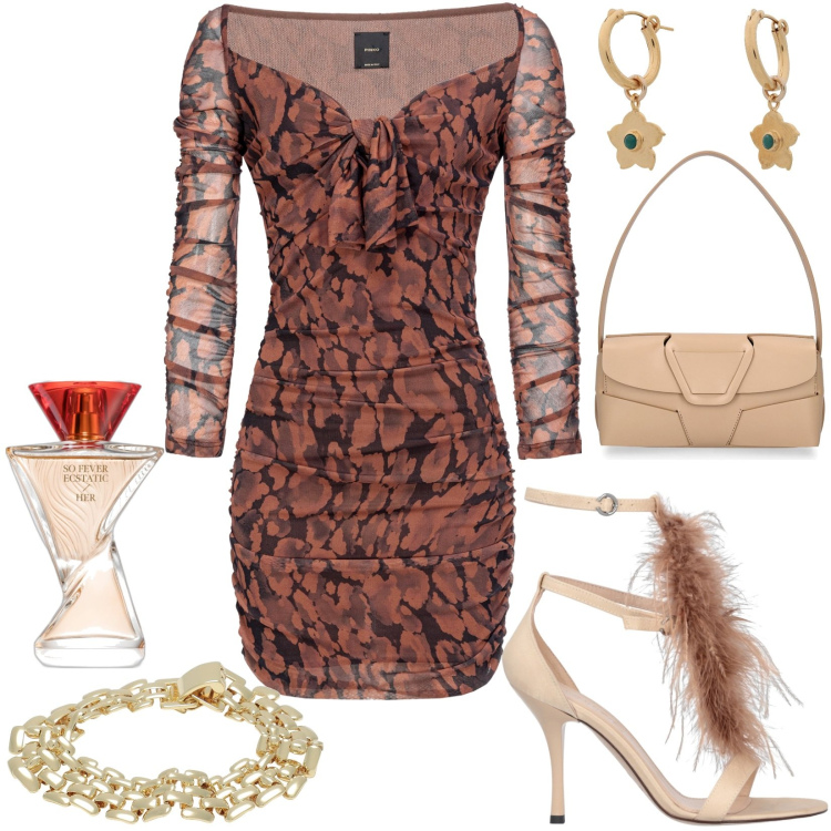 Outfit donna - Regina della serata. Stile Sexy per Serata fuori. Abbinamento con orecchini, braccialetti, profumi, sandali in pelle, vestiti corti, borse a spalla.