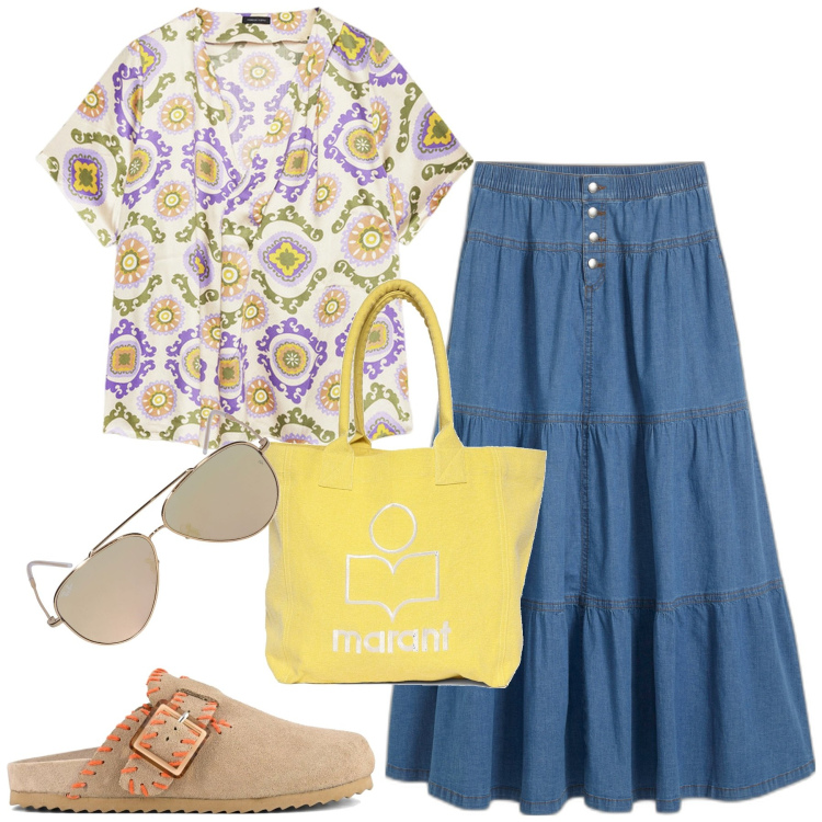 Outfit donna - Total look #1857374. Stile Boho per Tutti i giorni. Abbinamento con gonne, sabot, bluse, occhiali da sole, shopping bag.