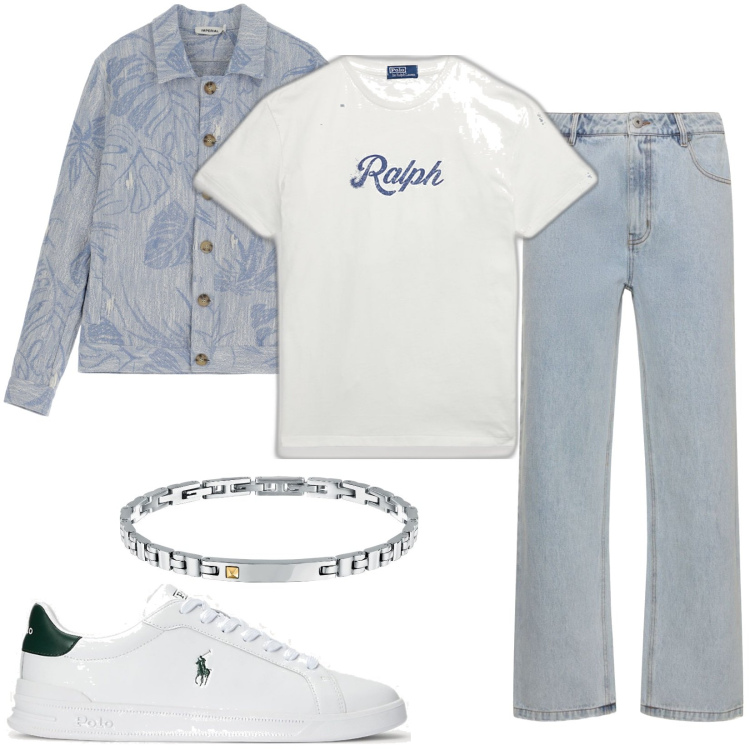 Outfit uomo - In centro città. Stile Casual per Tutti i giorni. Abbinamento con braccialetti, giacche, sneakers, t-shirt, jeans.