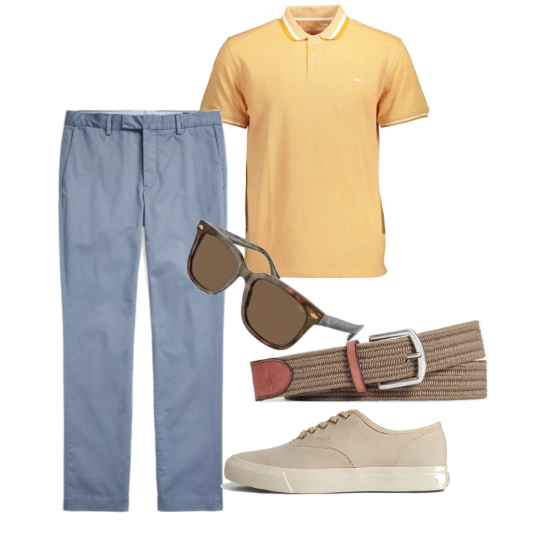 Outfit uomo - Spirito vacanziero. Stile Casual per Tutti i giorni. Abbinamento con sneakers, cinture, pantaloni chino, occhiali da sole, polo.