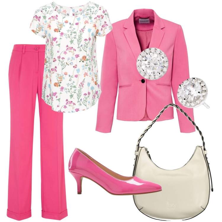 Outfit donna - Il tailleur fucsia. Stile Romantica per Cerimonia. Abbinamento con bluse, blazer, pantaloni, décolleté, orecchini, borse a spalla.