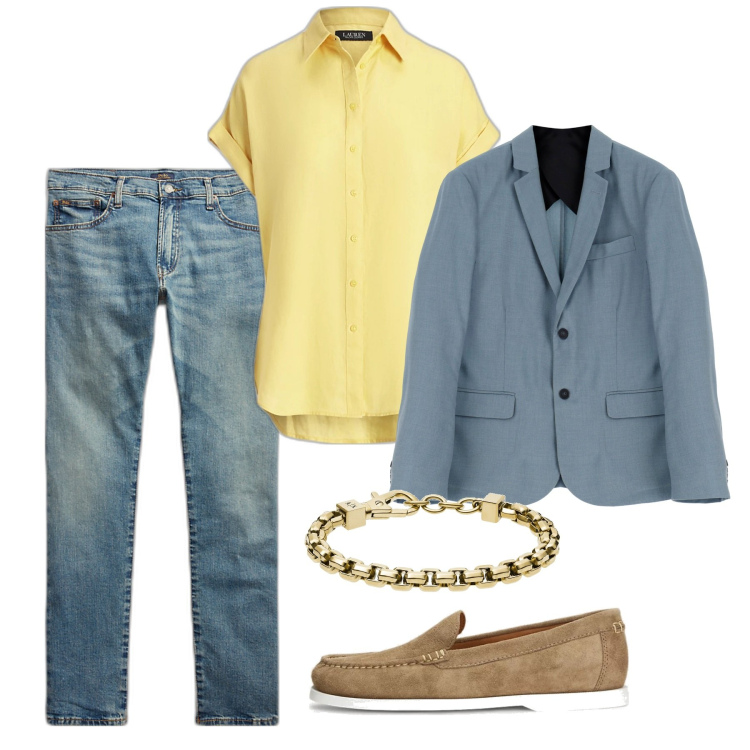 Outfit uomo - Sereno. Stile Trendy per Tutti i giorni. Abbinamento con braccialetti, giacche, jeans, camicie a manica corta, scarpe stringate.