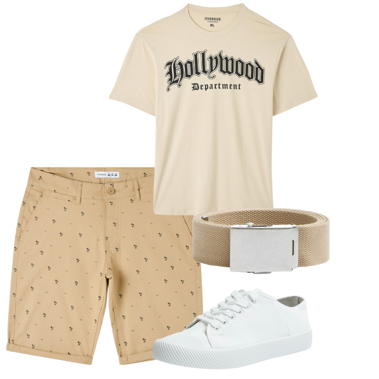 Outfit uomo - Estate vicina. Stile Casual per Tutti i giorni. Abbinamento con shorts, t-shirt, cinture, sneakers.