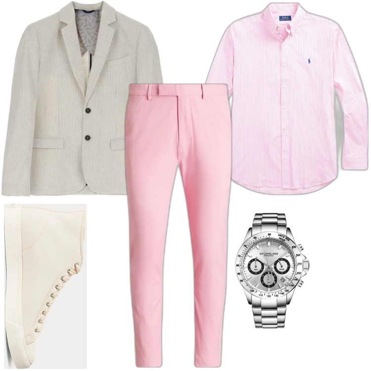 Outfit uomo - Toni romantici. Stile Casual per Tutti i giorni. Abbinamento con orologi, giacche, camicie, pantaloni, sneakers.