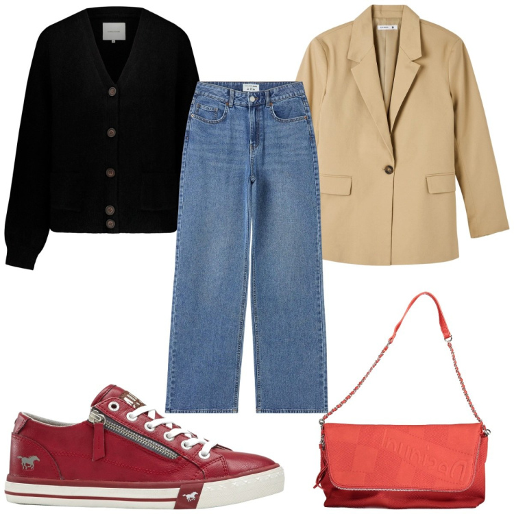 Outfit donna - Total look #1857451. Stile Trendy per Tutti i giorni. Abbinamento con sneakers, jeans, blazer, cardigans, borse a mano.