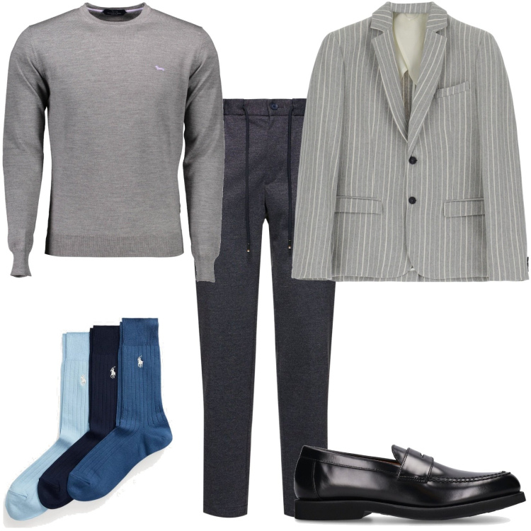 Outfit uomo - In centro città. Stile Casual per Ufficio. Abbinamento con giacche, calzini, scarpe stringate, pantaloni, maglieria.