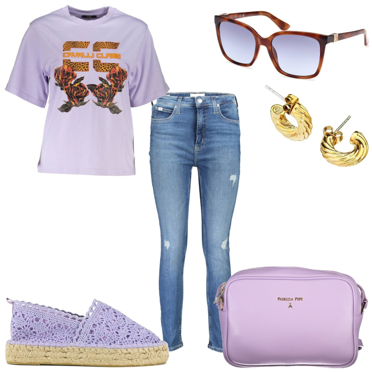 Outfit donna - In lilla per una giornata. Stile Casual per Tutti i giorni. Abbinamento con orecchini, espadrillas, jeans skinny, borse a tracolla, occhiali da sole, t-shirt.