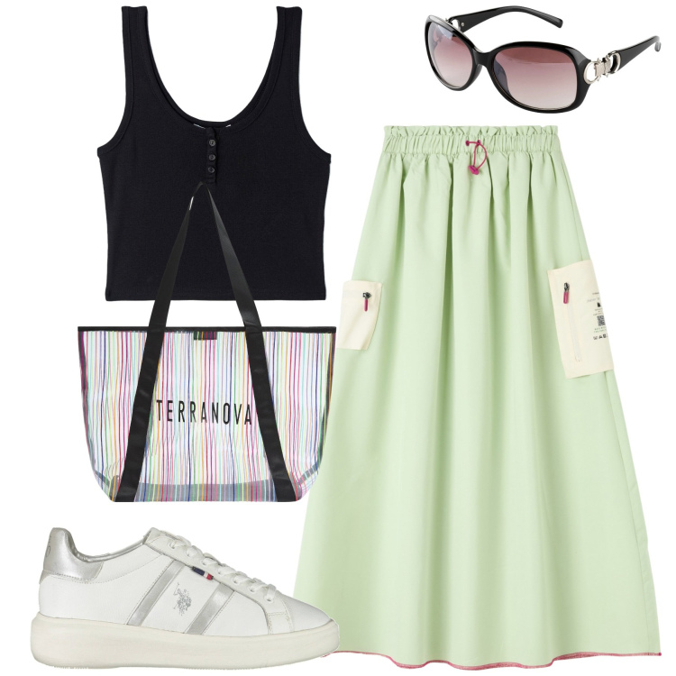 Outfit donna - La gonna verde chiaro. Stile Urban per Tutti i giorni. Abbinamento con occhiali da sole, gonne lunghe, shopping bag, canottiere, scarpe sportive.