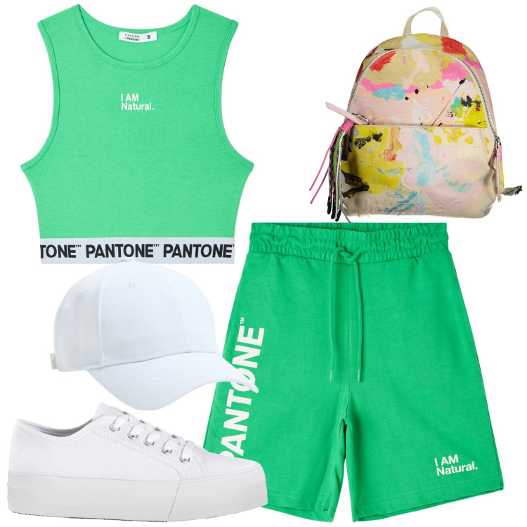 Outfit donna - Pantone Terranova. Stile Casual per Tutti i giorni. Abbinamento con sneakers, bermuda, cappelli, top, zaini.
