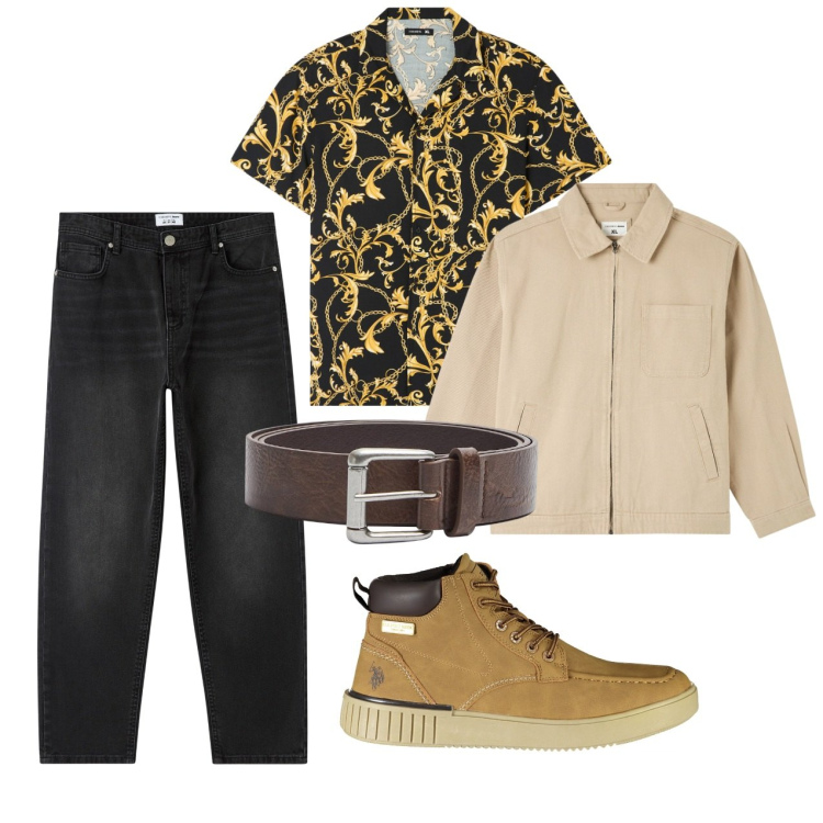 Outfit uomo - Stampa urban. Stile Urban per Tutti i giorni. Abbinamento con giacche, camicie a manica corta, jeans, cinture, stivali.