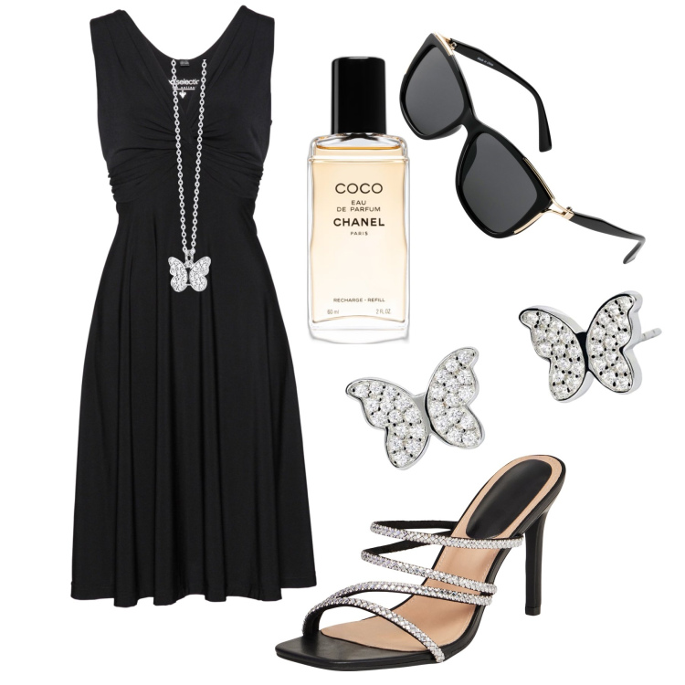 Outfit donna - Il vestitino chic in ufficio. Stile Minimal per Ufficio. Abbinamento con vestiti, occhiali da sole, profumi, sandali col tacco, collane, orecchini.