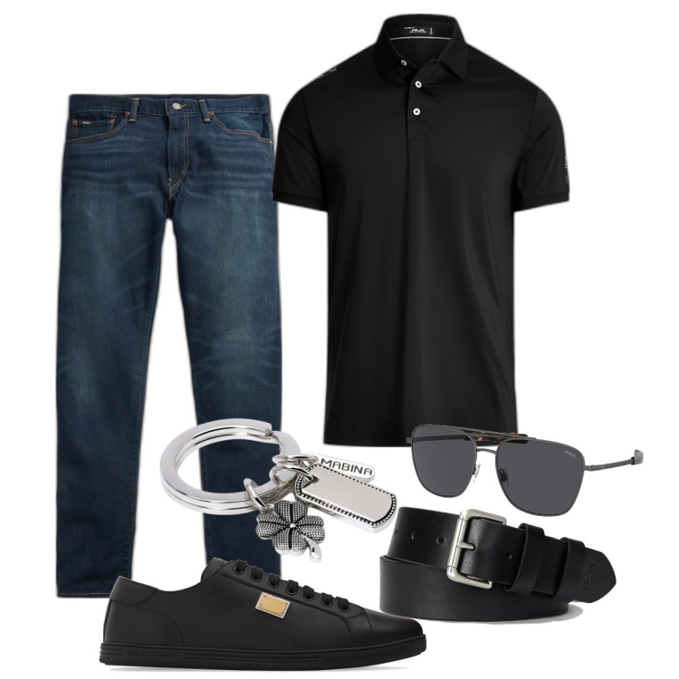 Outfit uomo - Lucky man. Stile Urban per Tutti i giorni. Abbinamento con portachiavi, cinture, jeans, occhiali da sole, polo, sneakers.