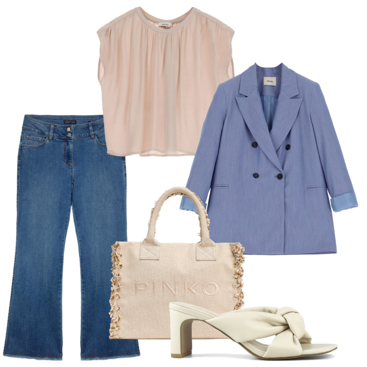 Outfit donna - Pastello e denim. Stile Bon Ton per Tutti i giorni. Abbinamento con shopping bag, blazer, top, sandali col tacco, jeans.
