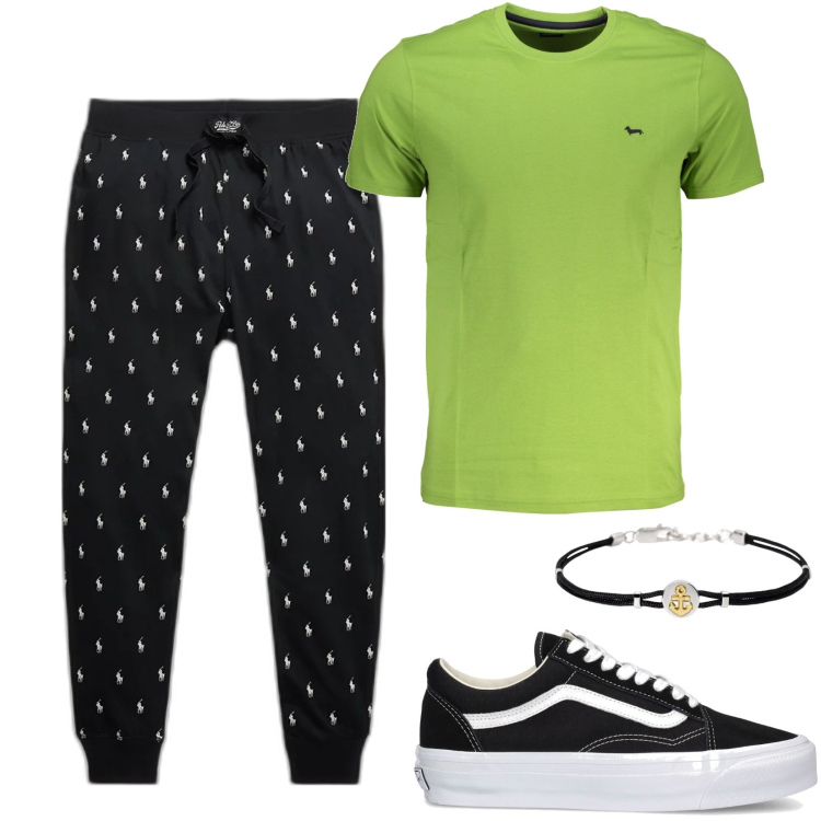 Outfit uomo - T-shirt verde mela. Stile Casual per Tutti i giorni. Abbinamento con braccialetti, pantaloni, sneakers, t-shirt.