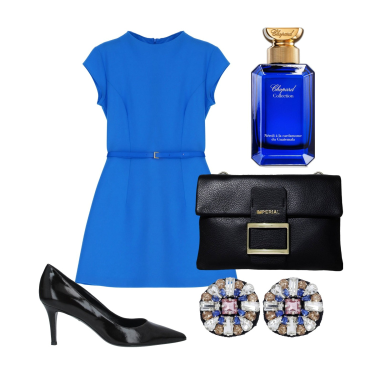 Outfit donna - Prime sere senza giacca. Stile Chic per Serata fuori. Abbinamento con décolleté, profumi, vestiti corti, pochette, orecchini.