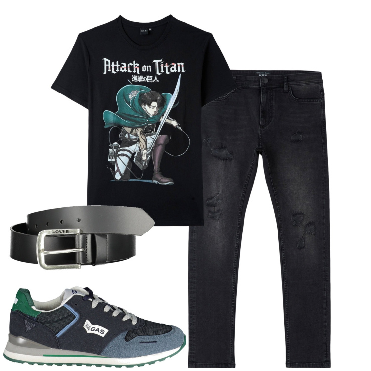 Outfit uomo - City. Stile Casual per Tutti i giorni. Abbinamento con jeans strappati, t-shirt, scarpe sportive, cinture.