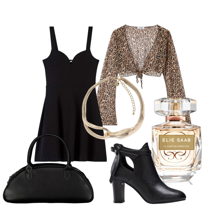 Outfit donna - Uscire un po\' elegante. Stile Trendy per Serata fuori. Abbinamento con stivaletti, profumi, bolero, vestiti, collane, borse a spalla.