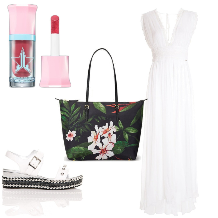 Outfit donna - In lungo di giorno. Stile Romantica per Tutti i giorni. Abbinamento con blush, vestiti lunghi, sandali, borse tote.
