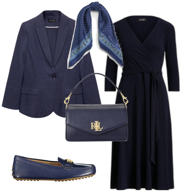 Outfit donna - Blu elegante per molte occasioni. Stile Minimal per Ufficio. Abbinamento con vestiti, borse a tracolla, foulard, ballerine, blazer.