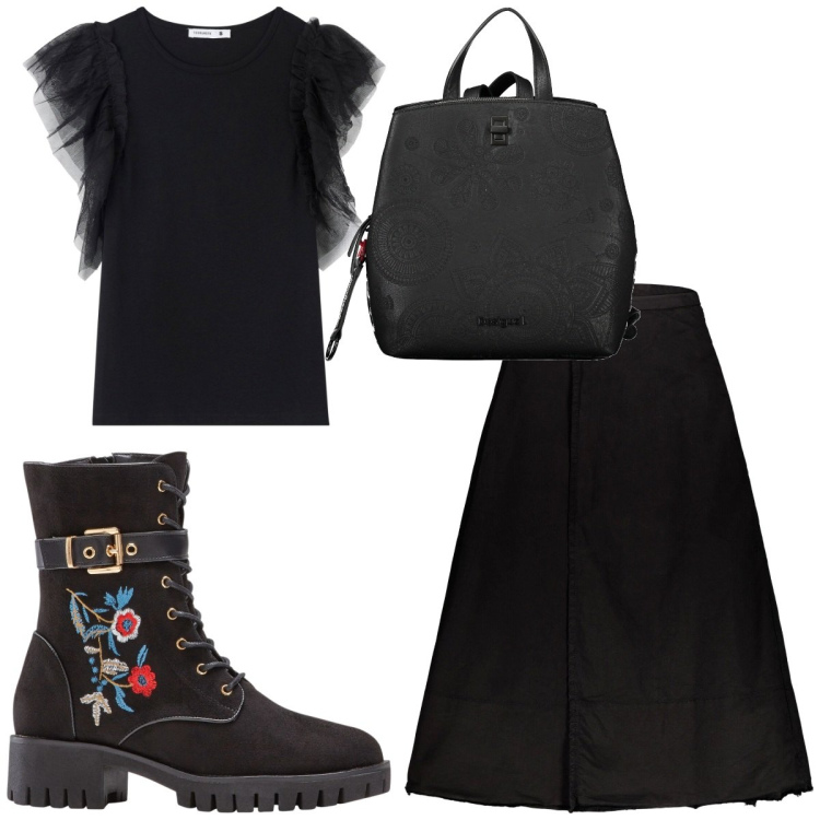 Outfit donna - Total look #1857518. Stile Trendy per Tutti i giorni. Abbinamento con stivali, t-shirt, gonne lunghe, zaini.
