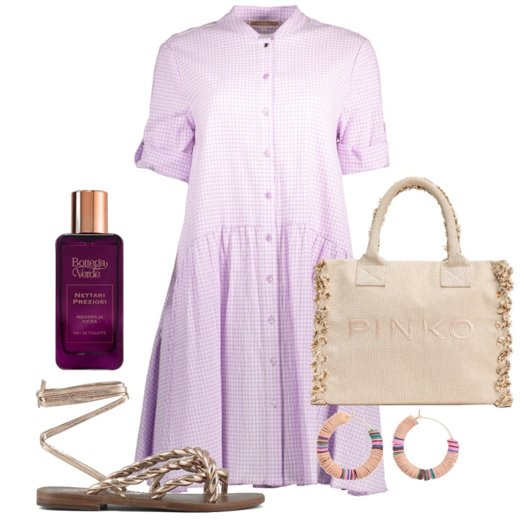 Outfit donna - Un profumo fresco. Stile Bon Ton per Tutti i giorni. Abbinamento con orecchini, profumi, shopping bag, sandali, vestiti corti.