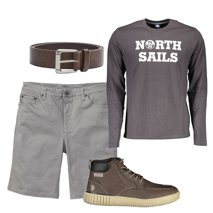 Outfit uomo - In barca. Stile Casual per Tutti i giorni. Abbinamento con bermuda, cinture, stivali, t-shirt.