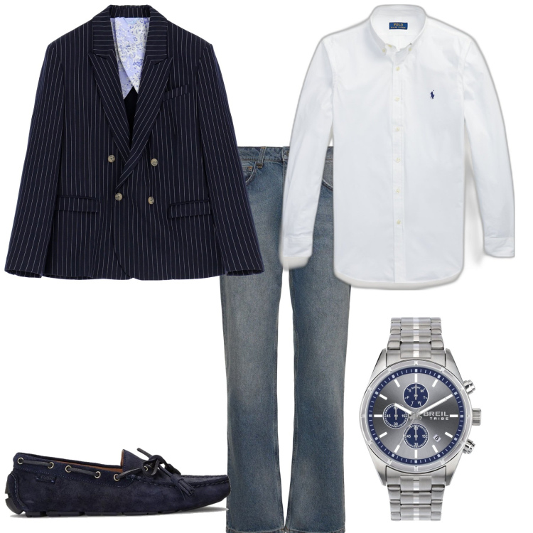Outfit uomo - Molto trendy gessato blu e denim. Stile Trendy per Serata speciale. Abbinamento con orologi, giacche, scarpe stringate, camicie, jeans dritti.