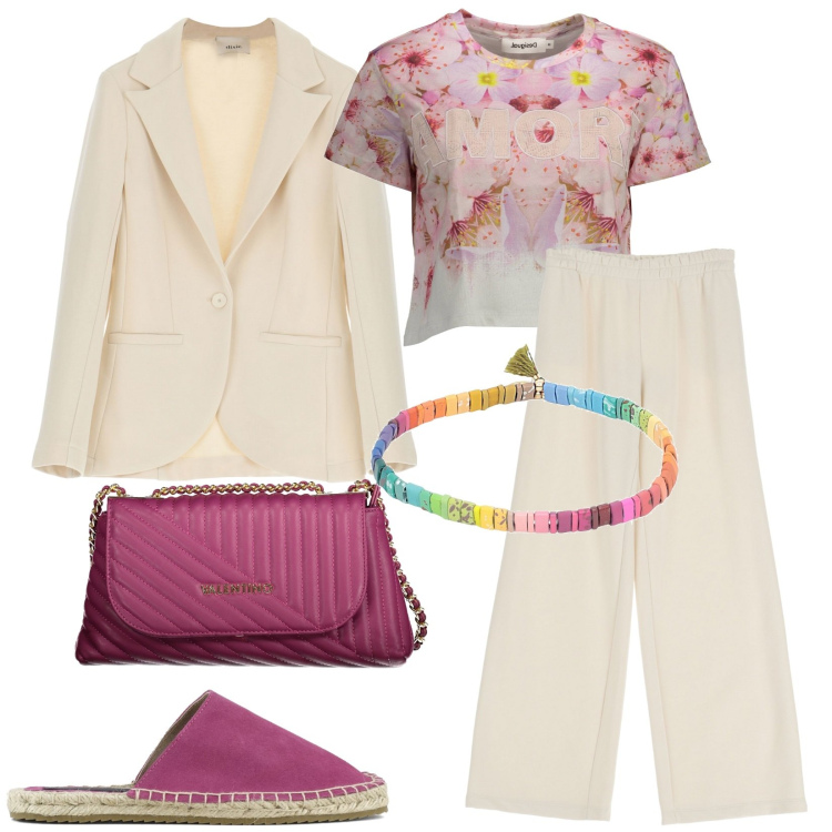 Outfit donna - Blazer chiaro. Stile Trendy per Serata fuori. Abbinamento con braccialetti, pantaloni a palazzo, blazer, espadrillas, t-shirt, borse a tracolla.