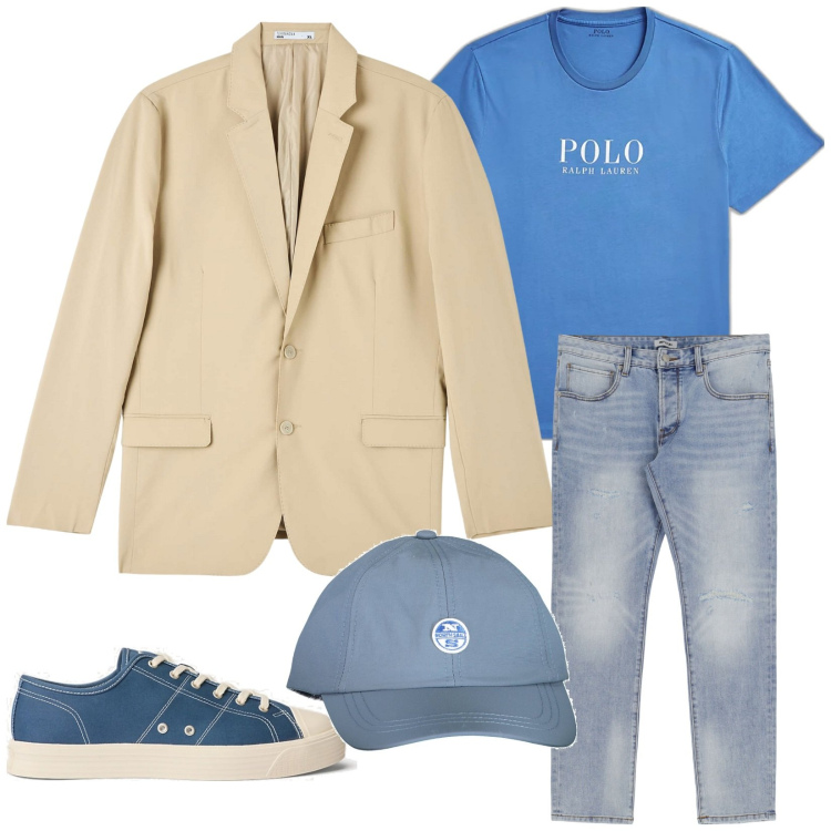 Outfit uomo - Pranzo fuori. Stile Casual per Tutti i giorni. Abbinamento con giacche, jeans slim fit, t-shirt, sneakers, cappelli con visiera.