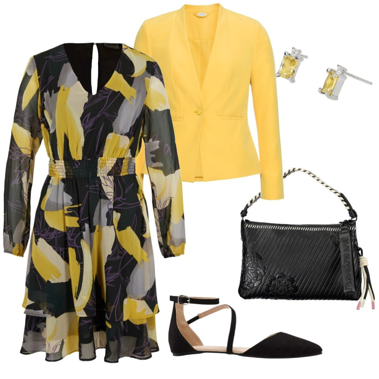 Outfit donna - Elegante e comoda. Stile Bon Ton per Serata fuori. Abbinamento con blazer, vestiti, ballerine, orecchini, borse a spalla.
